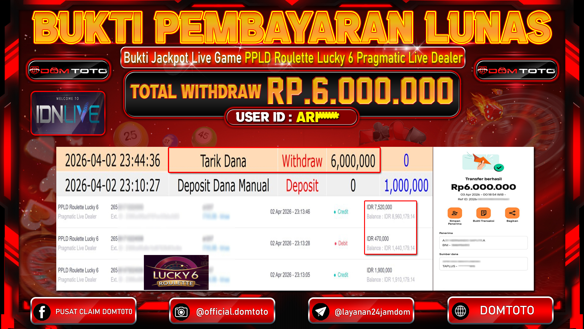 JACKPOT LIVEGAMES PPLD Roulette Lucky 6 Pragmatic Live Dealer 02 APRIL 2026